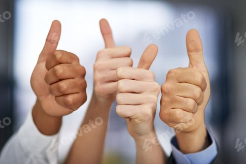 Preview: The seal of approval. Shot of a group of unrecognizable businesspeople pulling thumbs up.