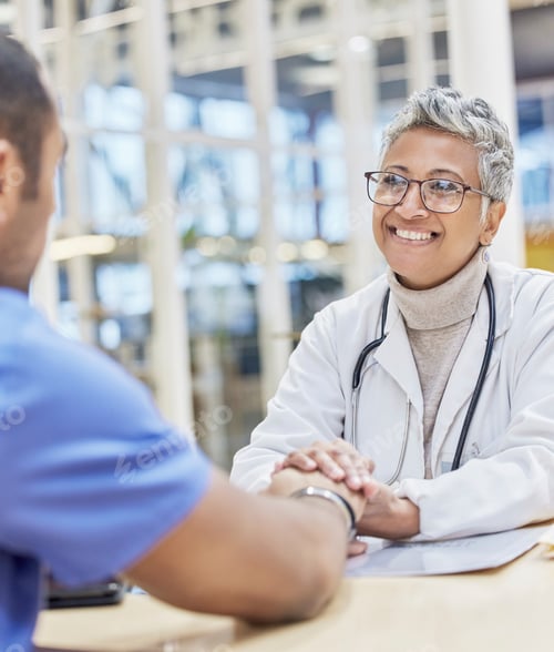 Preview: Smile, support and doctor holding hands with patient at consultation for healthcare and empathy in