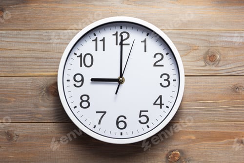 Preview: wall clock at wooden background