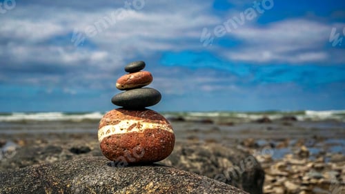 Preview: Rustic arrangement of balanced natural stones near a tranquil body of water