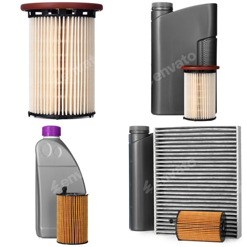 Preview: Car parts: air filters and engine oil on white background