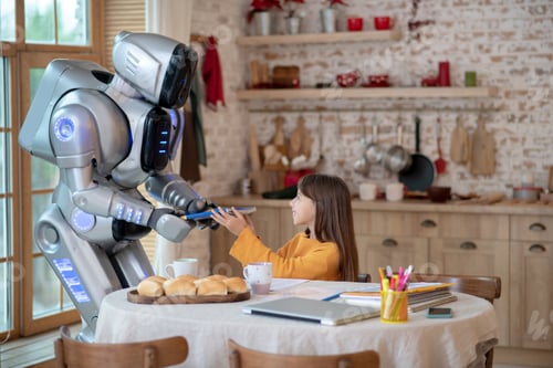 Preview: House robot giving a book to a smiling girl