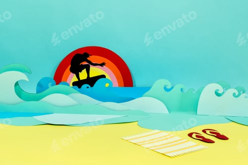 Preview: Creative paper craft of a surfer on the waves and a sandy beach