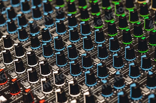 Preview: Professional Sound Mixer. Close-up view of colorful control buttons for sound adjusting in a