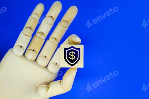 Preview: wooden hand holding Safety money icon. the concept of financial security