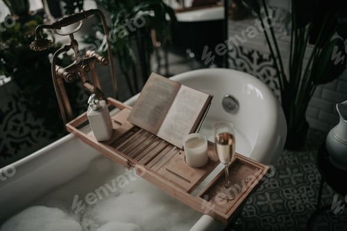 Preview: Luxury interior of eco style modern bathroom with oval bathtub and book on bamboo wood tray