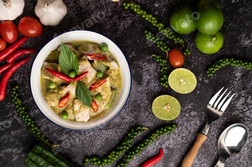 Preview: Pork green curry in a white bowl with spices on a black cement background
