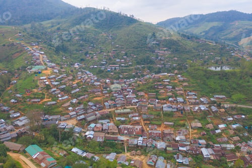 Preview: Immigration refugees residential village houses in countryside, rural area. Local community houses