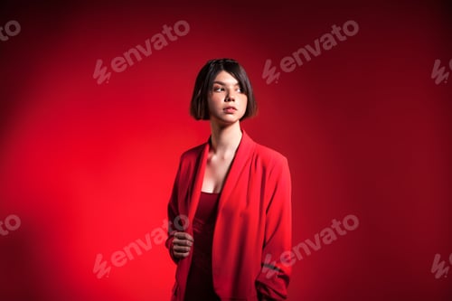 Preview: Teenager brunette girl wear trendy red suit with stylish hairstyle at red background