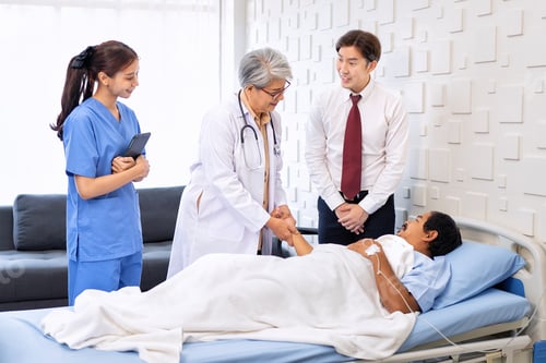 Preview: Hospital treatment room relative visit patient lay on bed doctor explain update illness condition