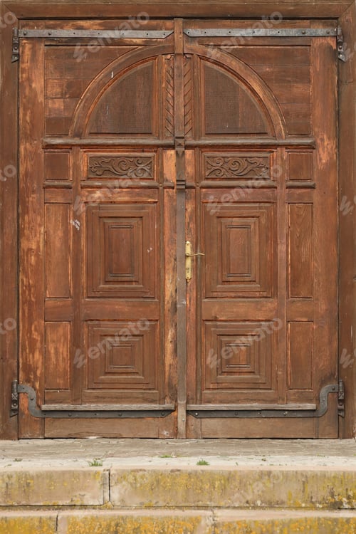 Preview: Very old solid wooden door in retro 19th century design close up