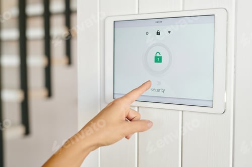 Preview: Hand of young woman pointing at display with security symbol