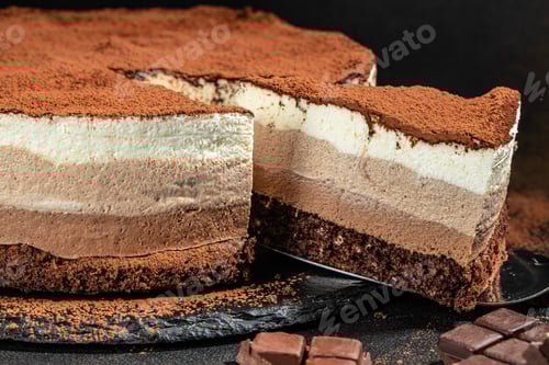 Preview: chocolates cake, mousse cake on a dark background. Food recipe background. Close up