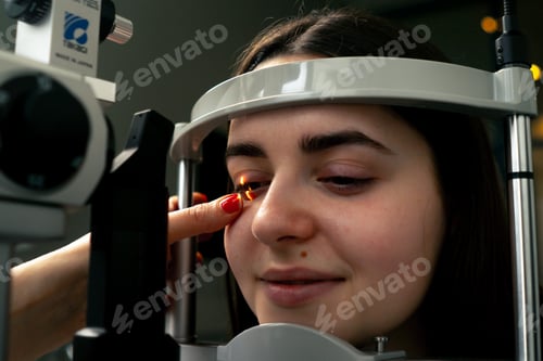 Preview: close up in an ophthalmology clinic young doctor diagnoses a young girl with a magnifying lens