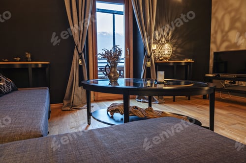 Preview: Bohemian living room in warm colors with various decorative elements