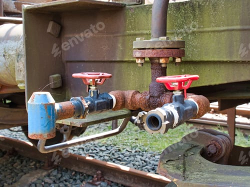 Preview: Closeup of two red valves on a rusty pipe with a train wagon and railway in the background