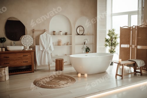 Preview: Soft native hues organic shapes look of bathroom with big window oval bathtub in neutrals tones