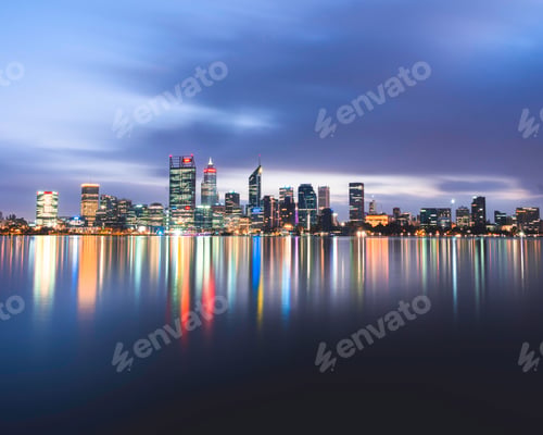 Preview: Perth skyline in Western Australia with the lights reflected in the lake, long exposure