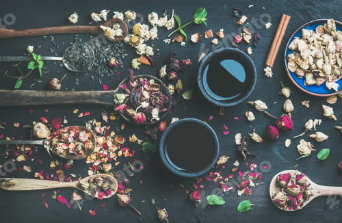 Preview: Chinese black tea and wooden spoons with herbs and buds