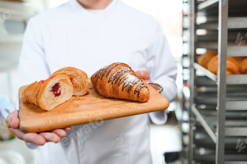 Preview: A baker cuts a croissant in a bakery and shows the jam filling