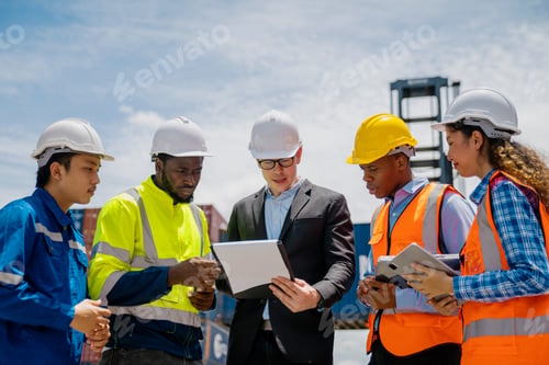 Preview: Group of engineer worker and manager standing in the shipping yard container.