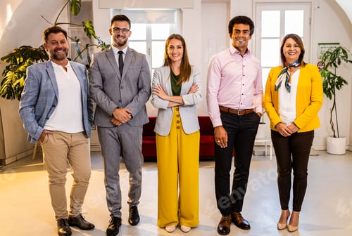 Preview: Group of excited business people standing in office.