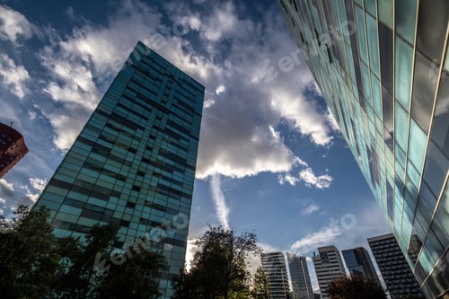 Preview: Low angle view of modern high-rise office buildings in the business area of Hospitalet de Llobregat
