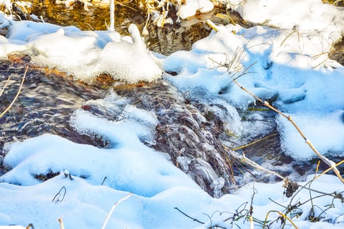 Preview: Landscape photo of non-freezing running river with fast current and rapids on gloomy cold winter day