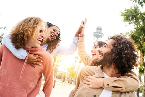 Preview: Happy people piggyback. Group of smiling friends celebrating give high five celebrating