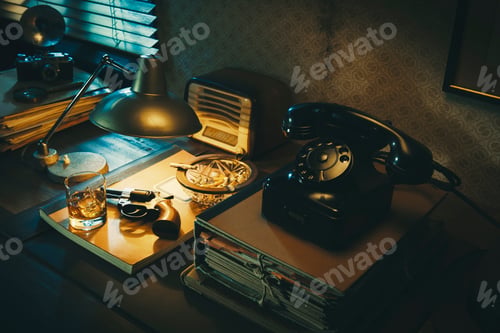 Preview: Film noir detective desktop with revolver
