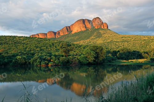 Preview: Scenic mountain landscape with water reflection, Marakele National Park, South Africa