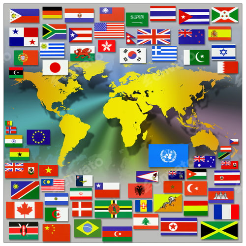 Global Flags with Gold World Map Backdrop