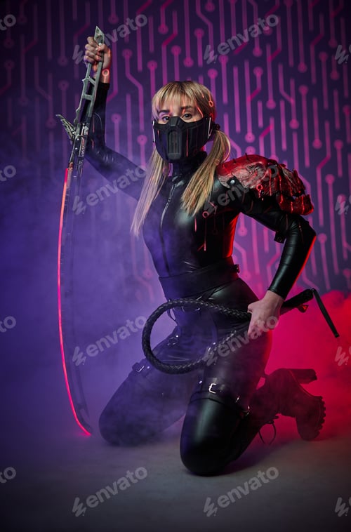 Preview: Cyberpunk woman in smoke with sword and whip