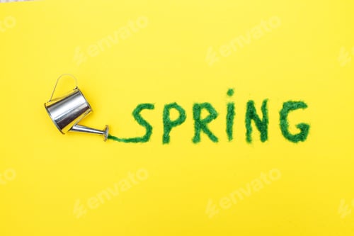 Preview: The inscription Spring from decorative green grass on a yellow background with a watering can