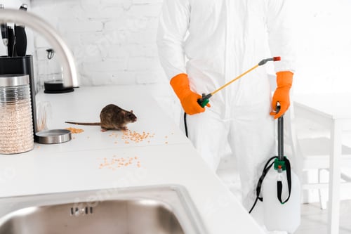 Preview: cropped view of exterminator holding toxic spray and standing near rat on table