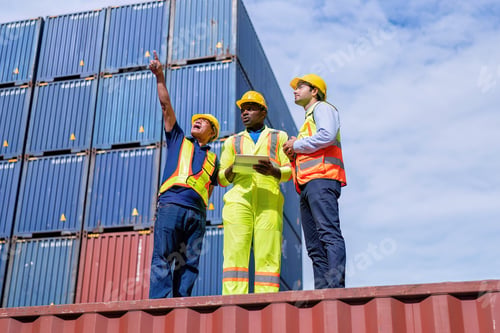 Preview: 3 engineer working in container storage yard use digital tablet check quantity prepare to delivery