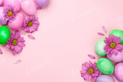 Preview: Easter greeting card with colorful easter eggs and flowers