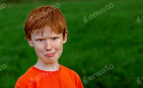 Preview: Portrait of a disgruntled red-haired boy against a background of green grass