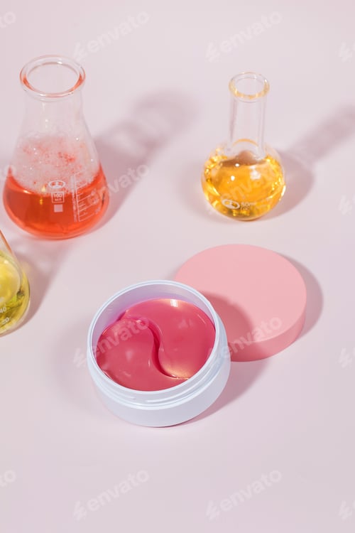Preview: Hydrogel pink patches and laboratory flask. Anti-aging facial skin care.