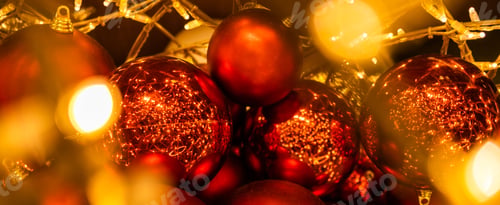 Preview: Banner close up of red Christmas balls baubles. Bokeh garlands. Xmas and holidays concept. Copy