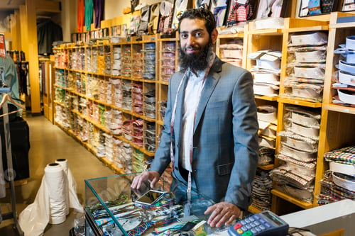 Preview: Portrait of tailor behind counter in men's clothes shop