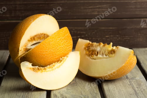 Preview: Melon pieces on wooden table showing fresh fruit cut in simple shapes at a kitchen