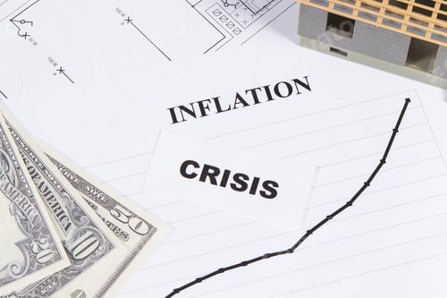 Preview: Inscriptions crisis and inflation, currencies Dollar, toy house under construction and drawings