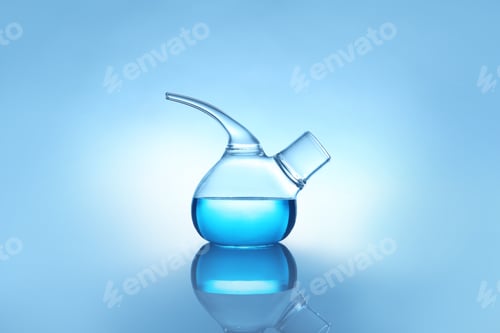 Preview: Retort flask with liquid on table against color background. Laboratory analysis