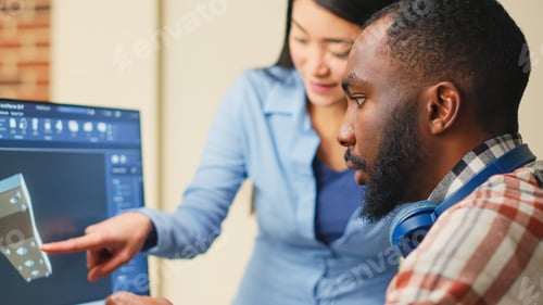 Preview: African american 3d designer creating industrial engine product