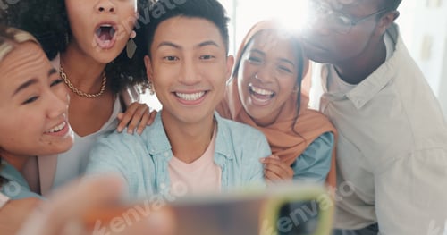 Preview: Selfie, tongue and friends with a business team posing together in the office for a funny picture.