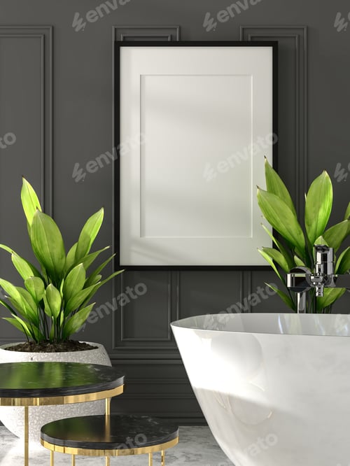 Preview: 3D illustration Mockup photo frame in bathroom rendering