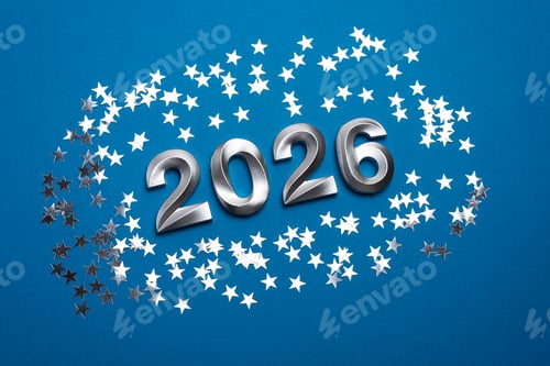 Visualização: Números metálicos de 2026 com confetes prateados em fundo azul