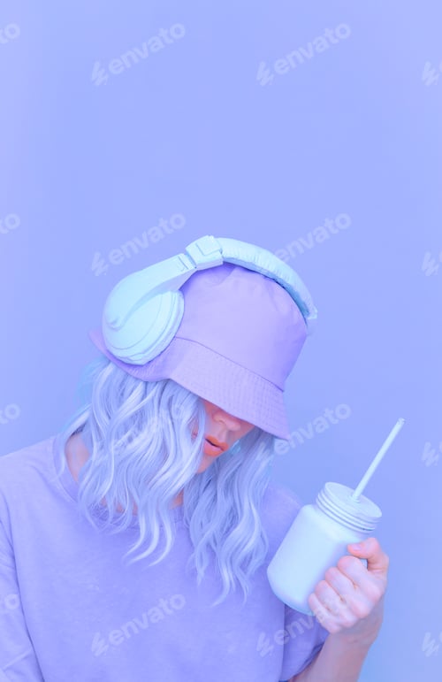 Ice Smoothie Dj Girl in stylish headphones and bucket hats. Minimal monochrome pastel colours trends