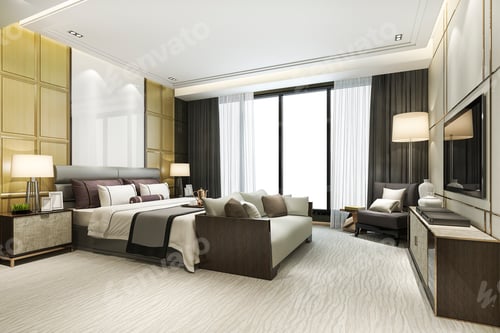 Preview: 3d rendering beautiful luxury bedroom suite in hotel with tv